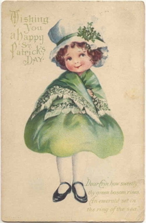 Vintage St. Patrick's Day Card: Cheerful Girl in Green Clover Dress