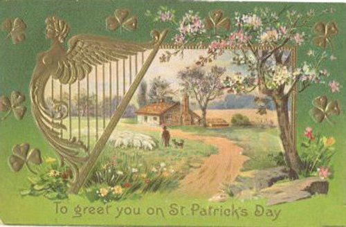 Vintage St. Patrick's Day Greeting Card with Harp & Irish Cottage