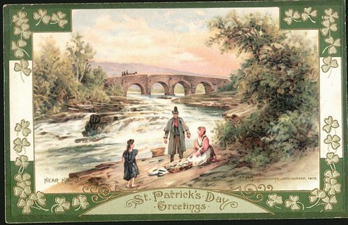 Victorian St. Patrick's Day Greeting Card with Stone Bridge Landscape