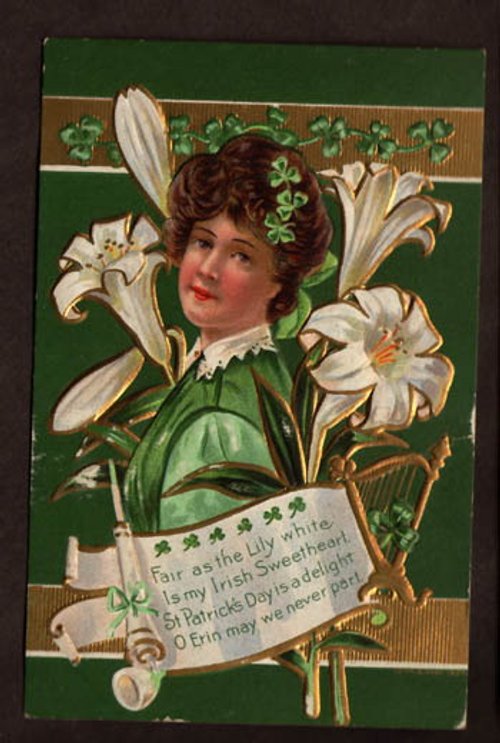 Victorian St. Patrick's Day Greeting Card with Woman & White Lilies