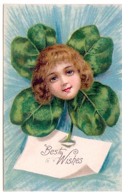 Victorian Best Wishes Greeting Card with Four-Leaf Clover Girl