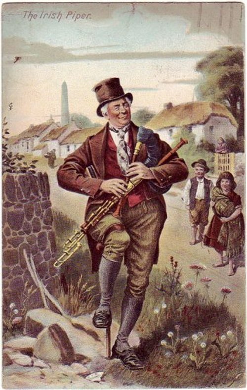 The Irish Piper Victorian Greeting Card - Vintage Folk Music Art