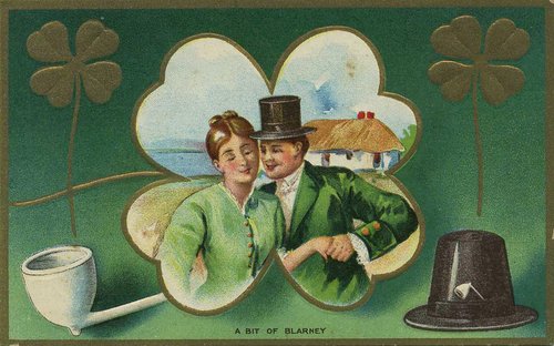 Vintage St. Patrick's Day Greeting Card - Edwardian Couple in Shamrock