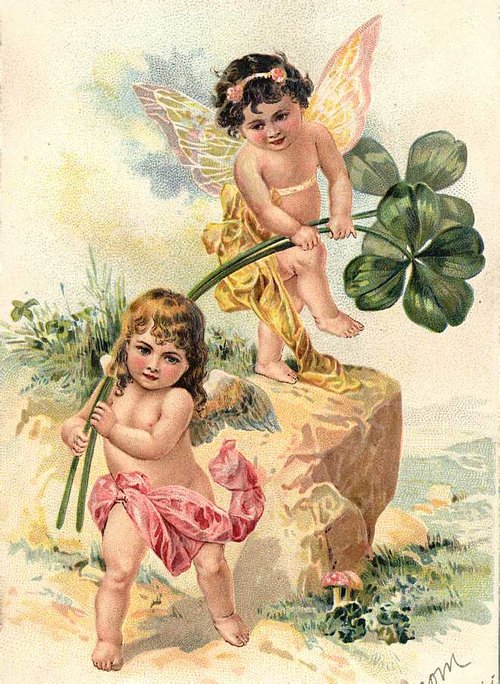 Victorian Cherub Angels with Four-Leaf Clover Greeting Card