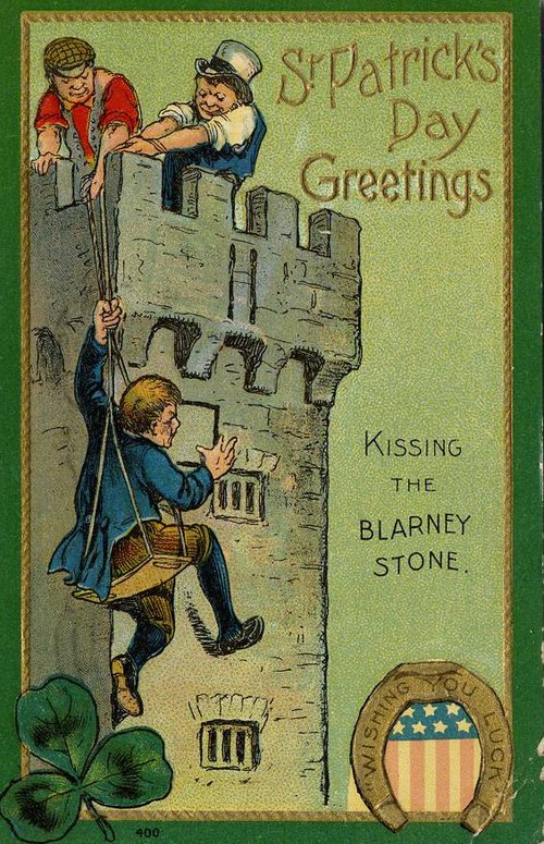 Vintage St. Patrick's Day Greeting Card: Blarney Stone Climbing Scene
