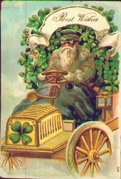 Vintage St. Patrick's Day Greeting Card with Leprechaun Driving Early Automobile & Clover