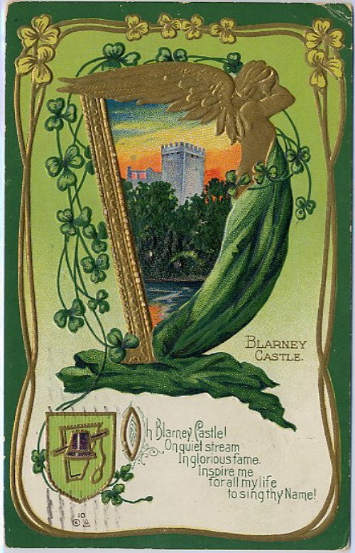 Art Nouveau Blarney Castle Irish Greeting Card | Vintage Green Gold