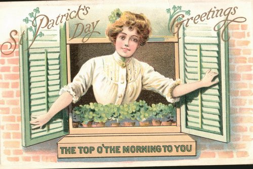 Edwardian St. Patrick's Day Greeting Card Woman Window