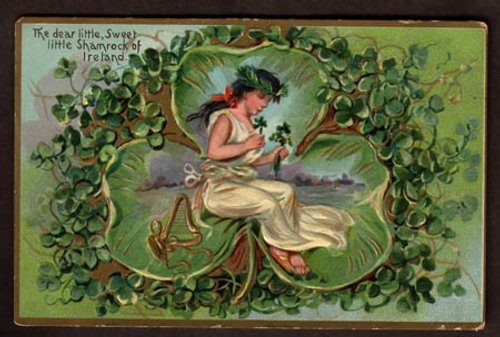 Victorian St. Patrick's Day Greeting Card with Young Woman and Shamrocks