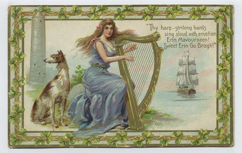 Victorian Irish Harp Woman Greeting Card with Sailing Ship