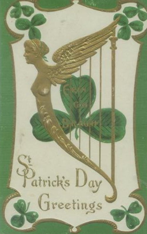 Vintage St. Patrick's Day Greeting Card Art Nouveau Gold Winged Figure