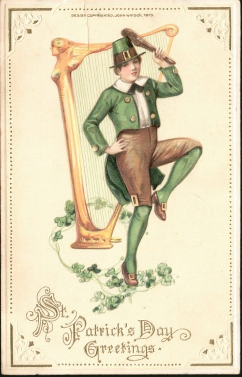 Vintage 1913 St. Patrick's Day Greeting Card with Leprechaun and Harp