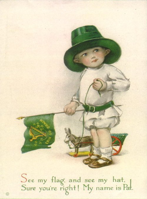 Vintage St. Patrick's Day Greeting Card: Irish Boy with Flag & Hat