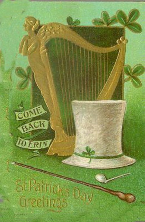 Vintage St. Patrick's Day Greeting Card with Golden Harp & Top Hat