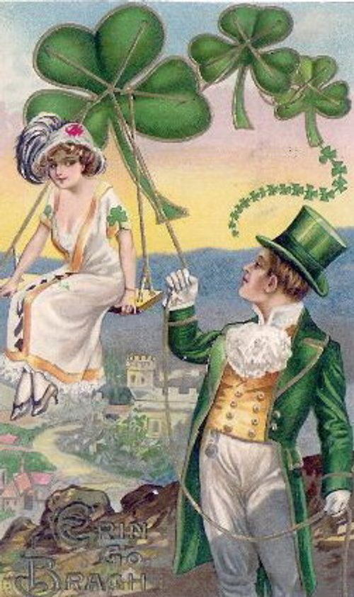 Vintage St. Patrick's Day Greeting Card with Lucky Woman & Leprechaun