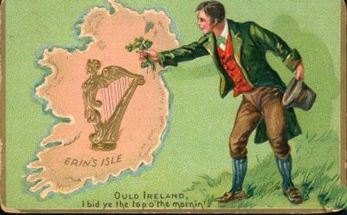 Vintage Irish Greeting Card: Man Pointing at Erin's Isle Map