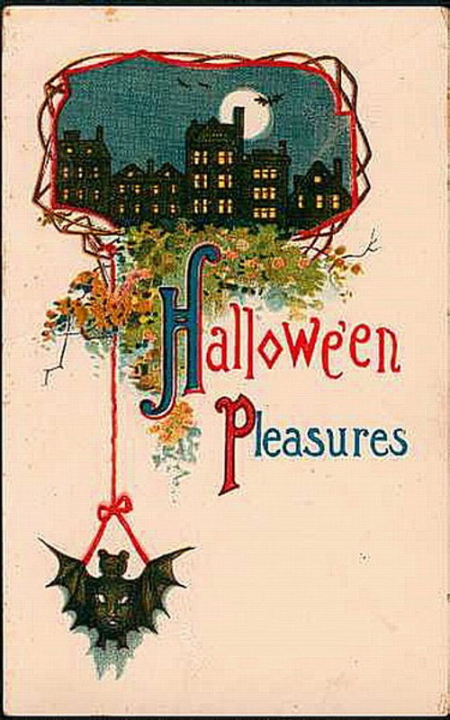 Victorian Halloween Pleasures Greeting Card with Bat & Haunted House