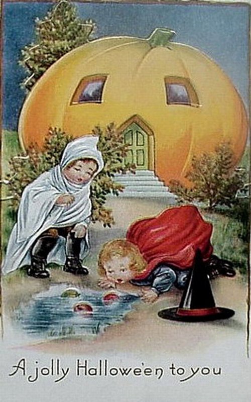 Vintage Halloween Greeting Card with Giant Pumpkin House
