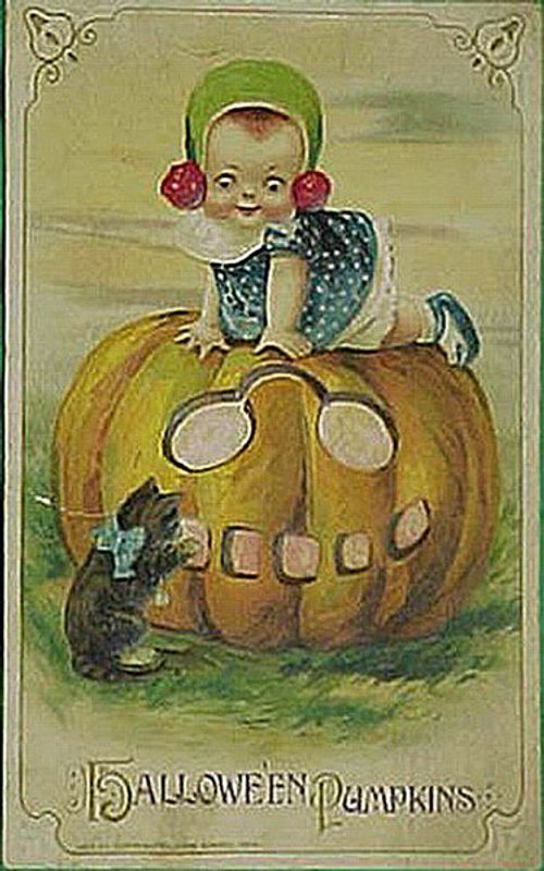 Victorian Halloween Pumpkins Greeting Card with Child & Black Cat