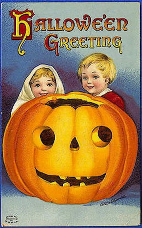 Vintage Halloween Greeting Card with Jack-O'-Lantern & Children, Early 1900s