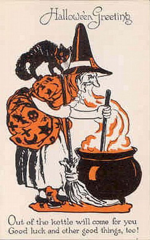 Vintage Halloween Greeting Card with Witch and Black Cat