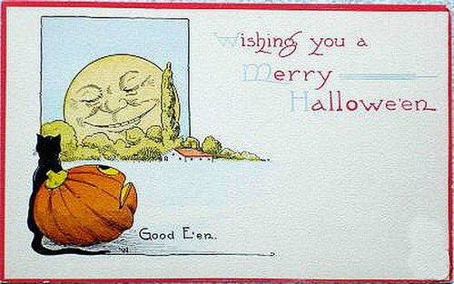 Vintage Halloween Greeting Card with Smiling Moon & Pumpkin