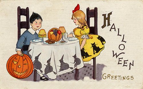 Vintage Halloween Greeting Card, Children Dinner Party, Early 1900s