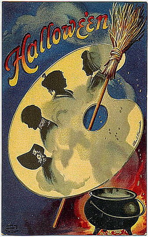 Vintage Halloween Greeting Card Witch Palette Broomstick 1900s