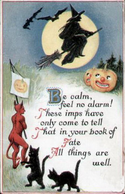 Vintage Halloween Greeting Card with Witch, Devil & Jack-o'-Lanterns