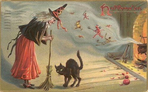 Vintage Halloween Greeting Card with Witch, Black Cat & Sprites