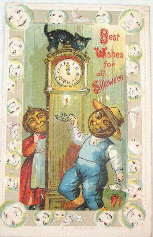 Vintage Halloween Greeting Card with Pumpkin-Headed Figures, Black Cat & Clock