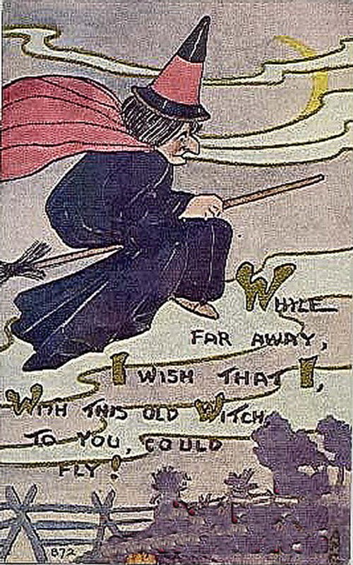 Vintage Witch Flying Broomstick Halloween Greeting Card