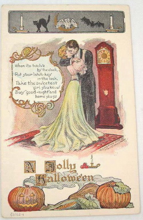 Jolly Halloween Greeting Card with Couple & Grandfather Clock