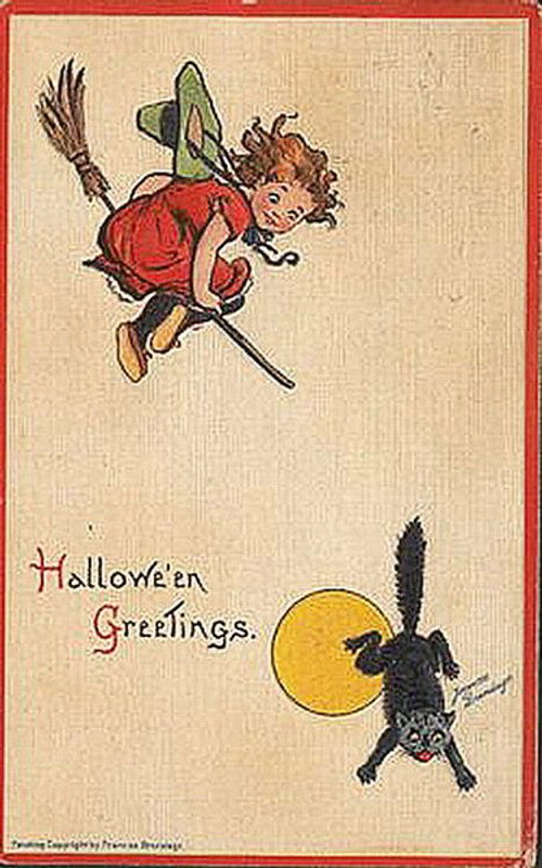 Vintage Halloween Greeting Card with Witch & Black Cat, Early 1900s