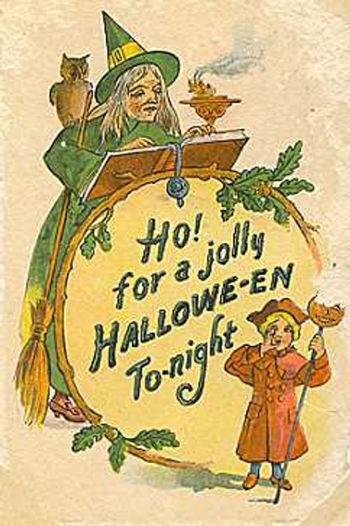 Vintage Halloween Greeting Card with Witch & Child, Early 1900s