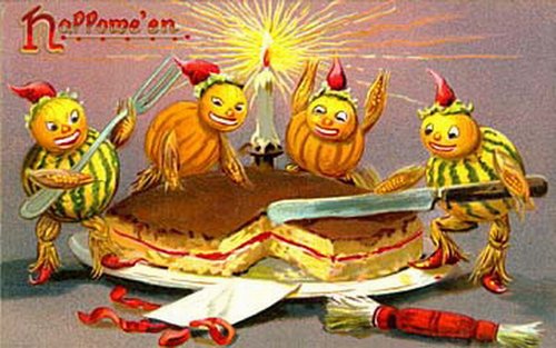 Vintage Halloween Greeting Card with Anthropomorphic Pumpkins