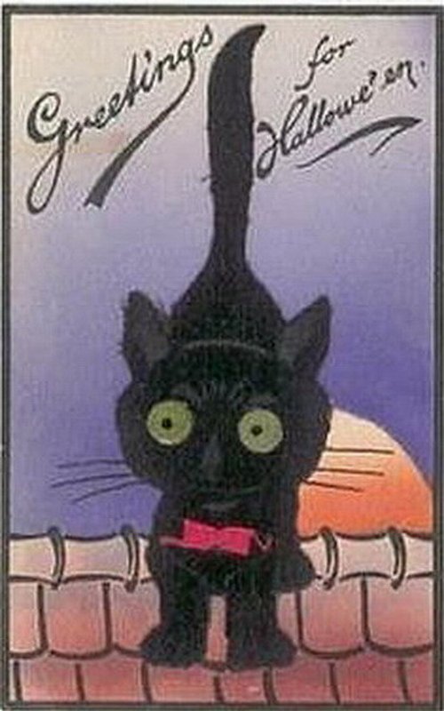 Vintage Black Cat Halloween Greeting Card, Early 1900s