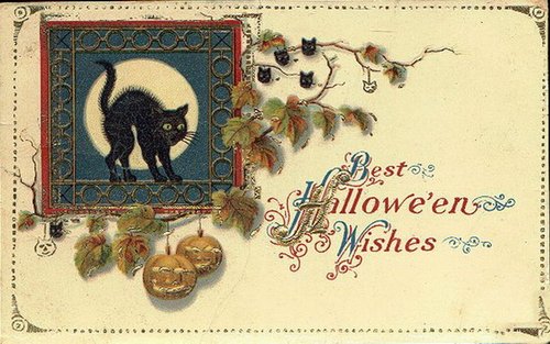 Vintage Halloween Greeting Card Black Cat Jack-O-Lantern Victorian