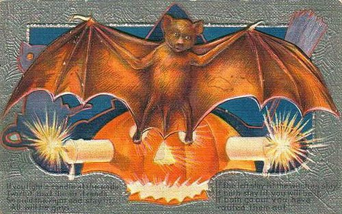 Vintage Halloween Bat Die-Cut Greeting Card with Firecrackers