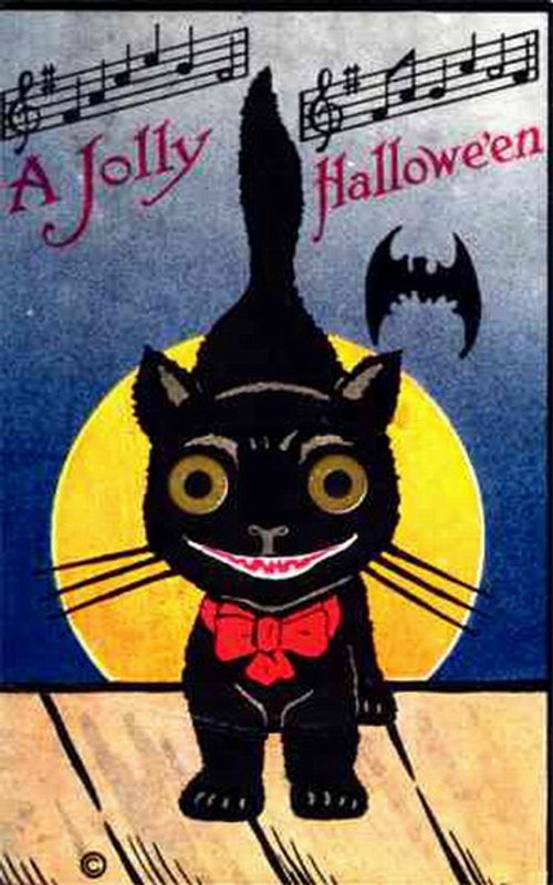 Jolly Halloween Black Cat Die-Cut Greeting Card, 1920s-1930s