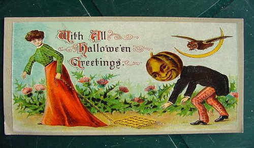 Victorian Halloween Greetings Card with Pumpkin Head Figure and Woman