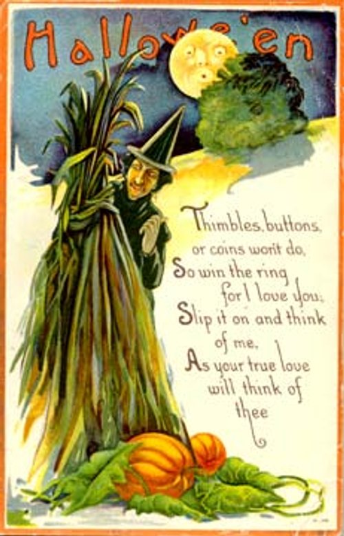 Vintage Halloween Greeting Card with Witch & Moon