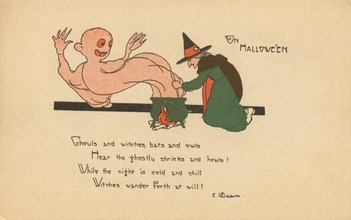 Vintage Halloween Greeting Card with Witch & Ghost - Early 1900s