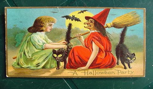 Vintage Halloween Party Card - Victorian Girl and Witch with Black Cats