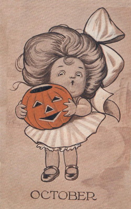 Vintage October Halloween Greeting Card Girl with Jack-o'-Lantern