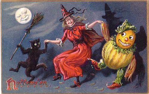 Vintage Halloween Greeting Card with Witch, Black Cat & Pumpkin