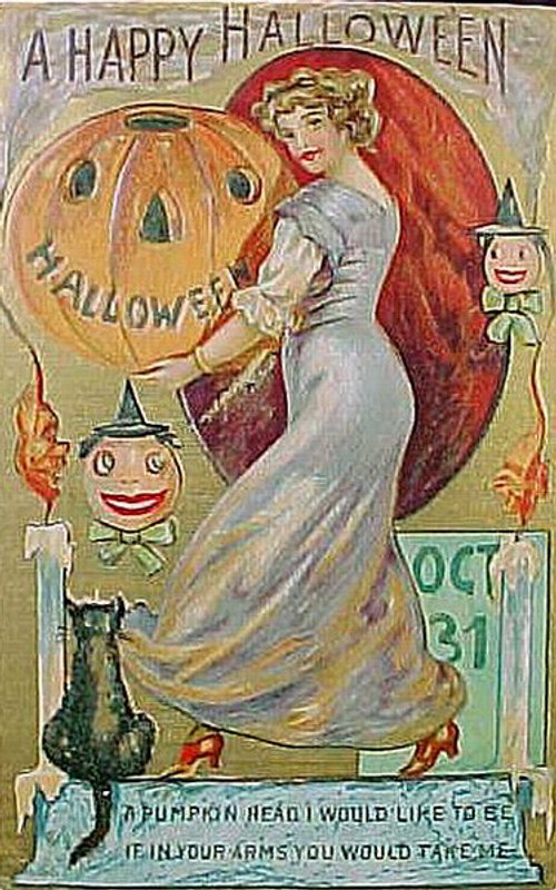 Vintage Halloween Greeting Card 1900s Woman Pumpkin Jack-o'-Lantern