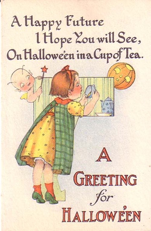 Vintage Halloween Greeting Card with Tea Cup Fortune Telling 1910s