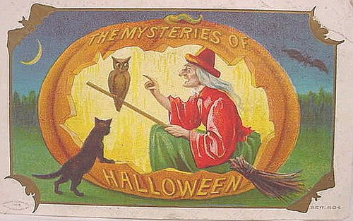 Vintage Halloween Greeting Card - Witch & Owl Mystery Art