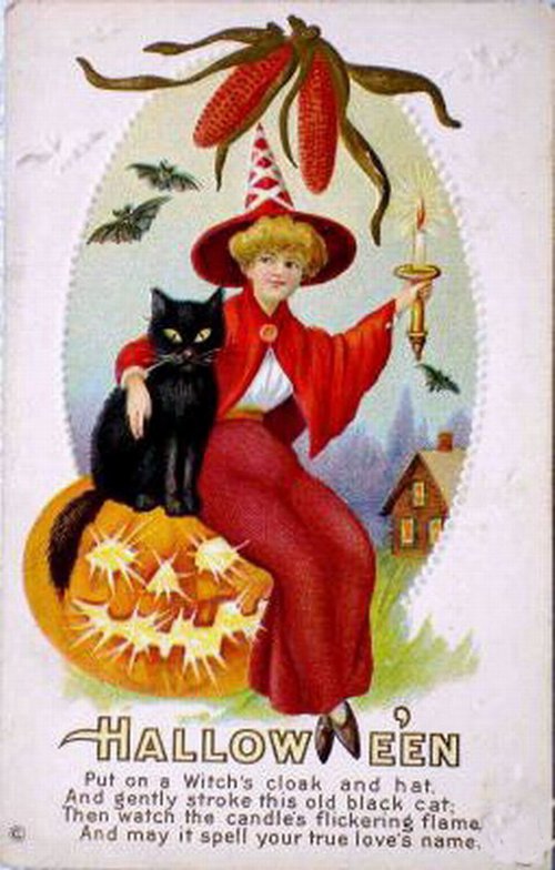 Vintage Halloween Witch Greeting Card with Black Cat - Early 1900s